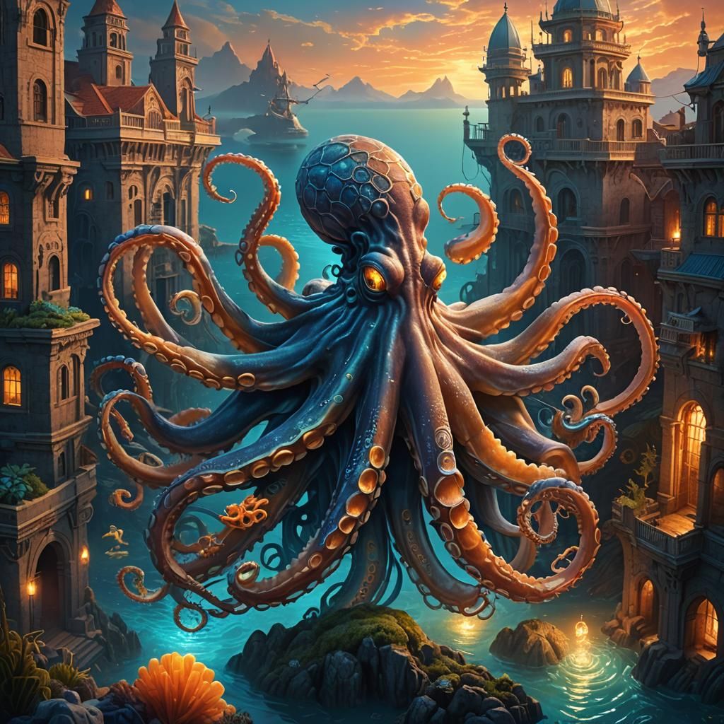 Colossal Octopus Hugs Sunken City, Bioluminescent Art Deco