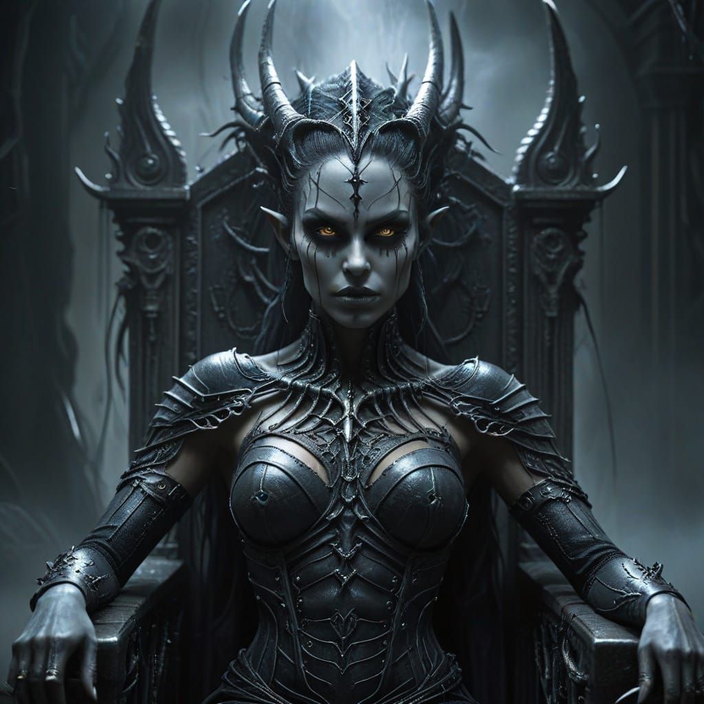 Dark Elf Queen on Throne in Dark Fantasy Style