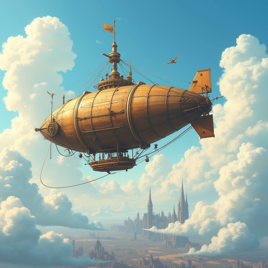 Steampunk Airship Soars Through Victorian-Era Sky in Vibrant...