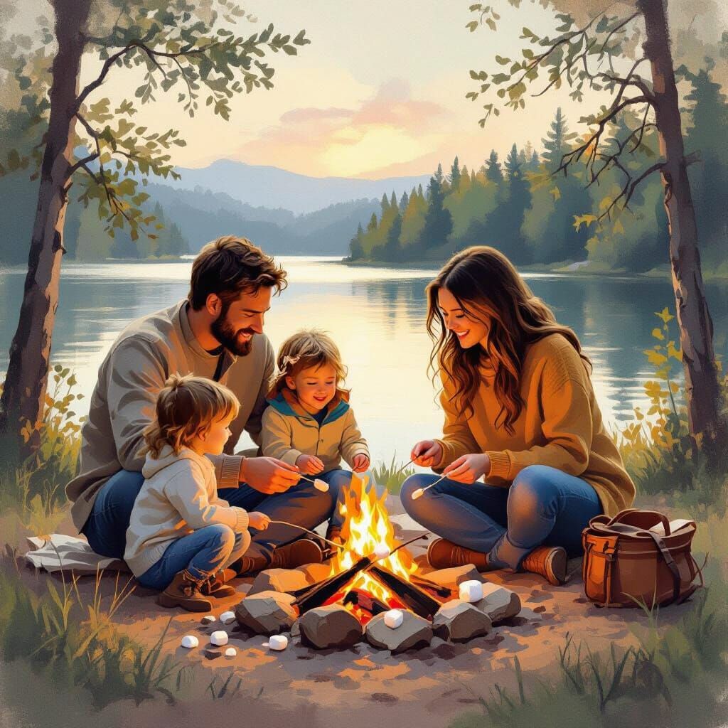 Family Camping Trip by Lake in Painterly Style