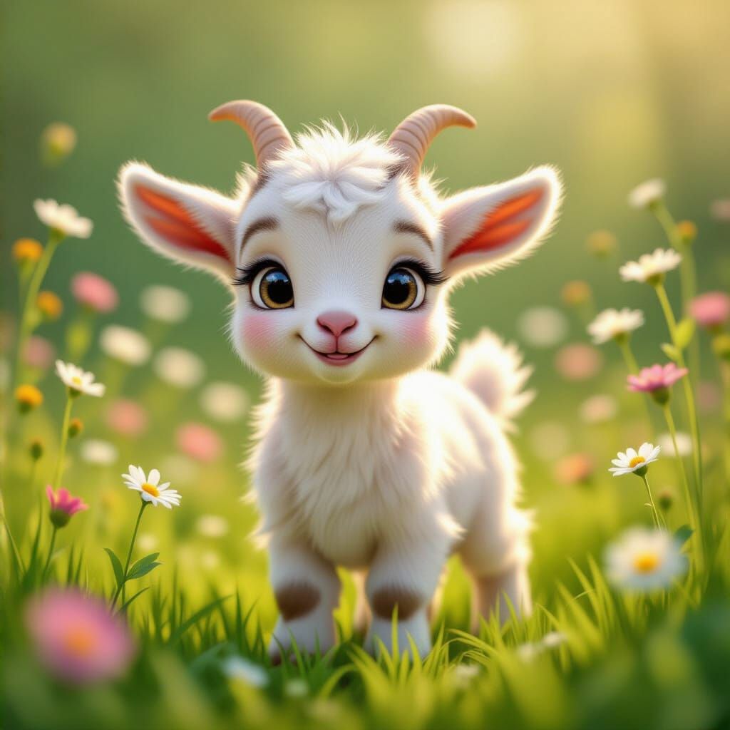 Happy Baby Goat in Dreamy Fairytale Meadow