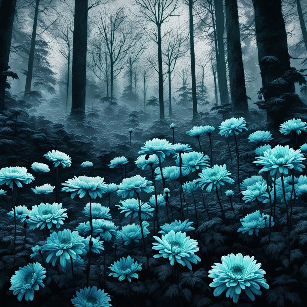 Chrysanthemum in Forest with Inky Sketch Outlines