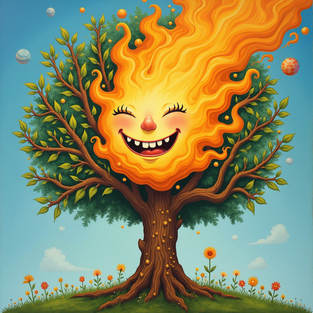 Smiling Tree with Flaming Head in Gouache Style