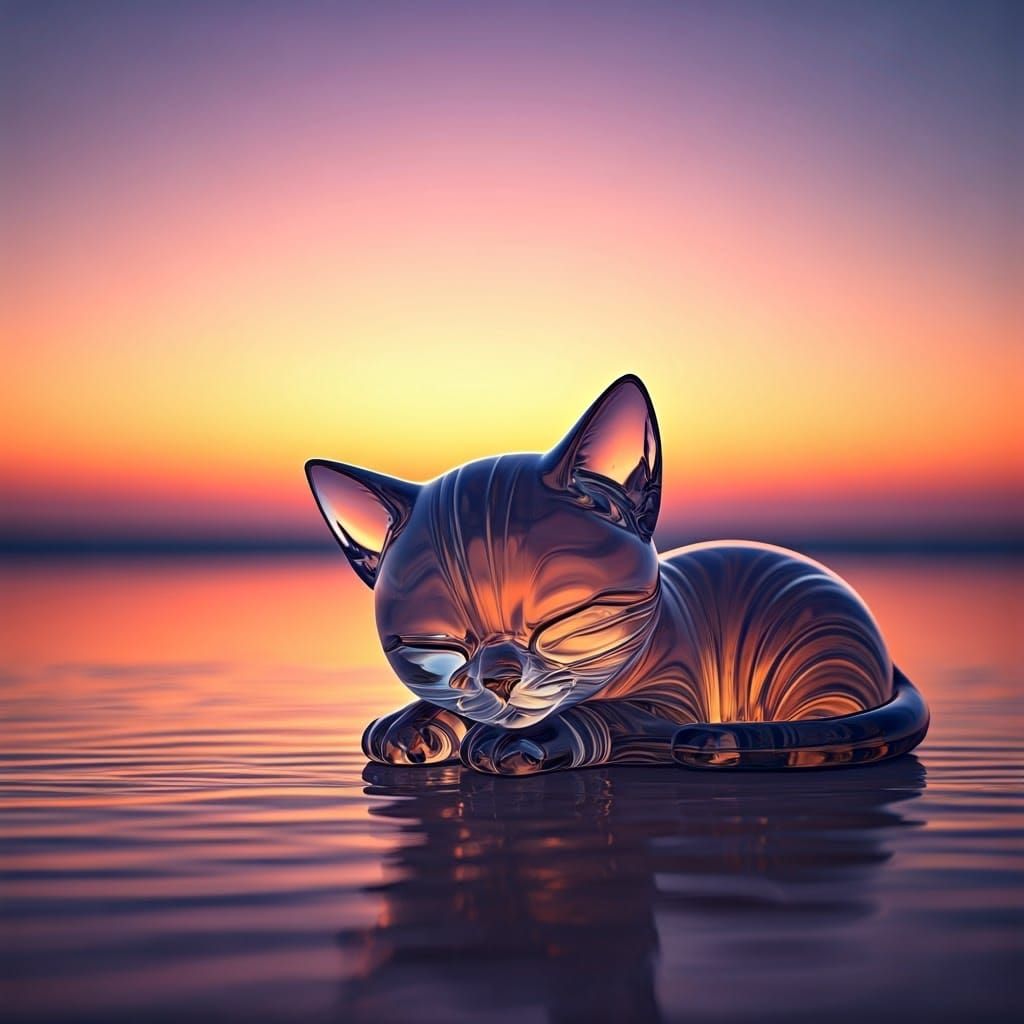 Glass Kitten Sleeping on Beach as 3D Digital Art