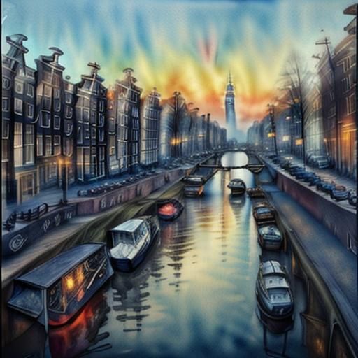 Dramatic Watercolor Landscape of Amsterdam