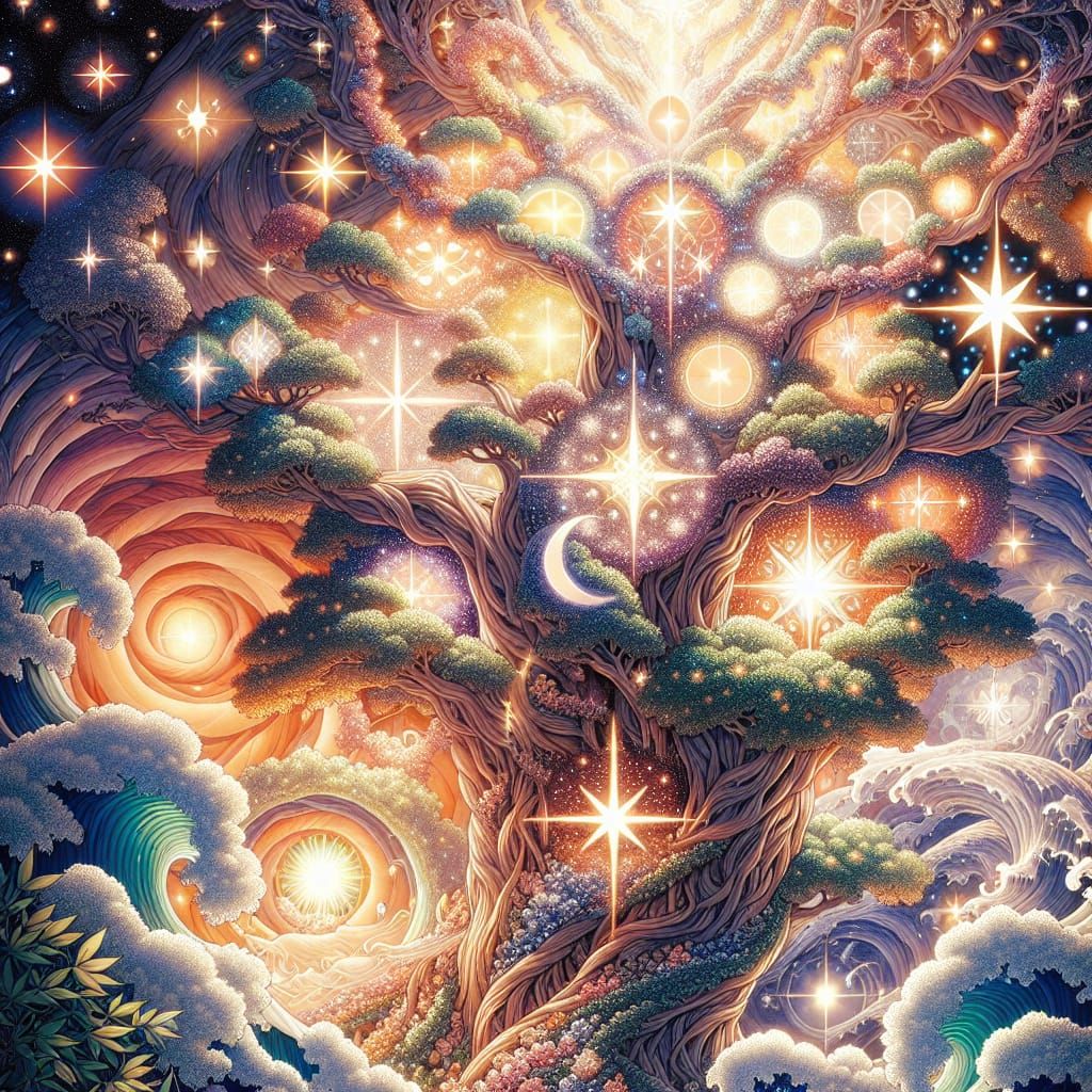 Anime Tree Heart with Stars in Art Nouveau Style