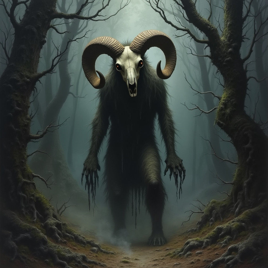 Eerie Windigo Spirit in Dark Forest, Mystical Art