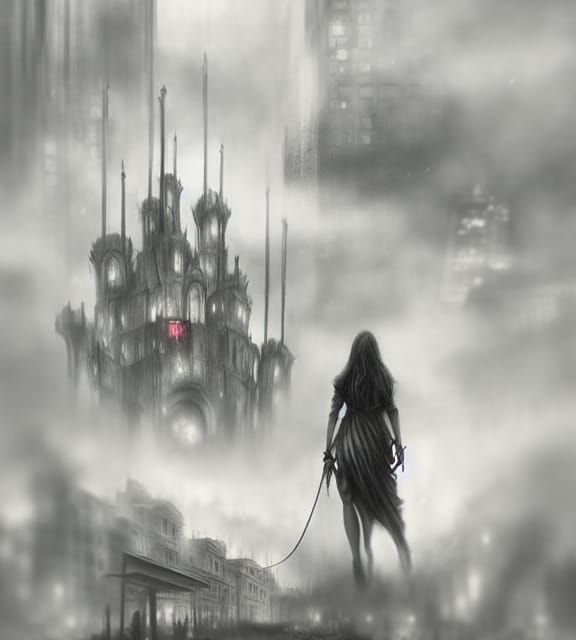 Demon in City Center: Hyperdetailed Charcoal Drawing