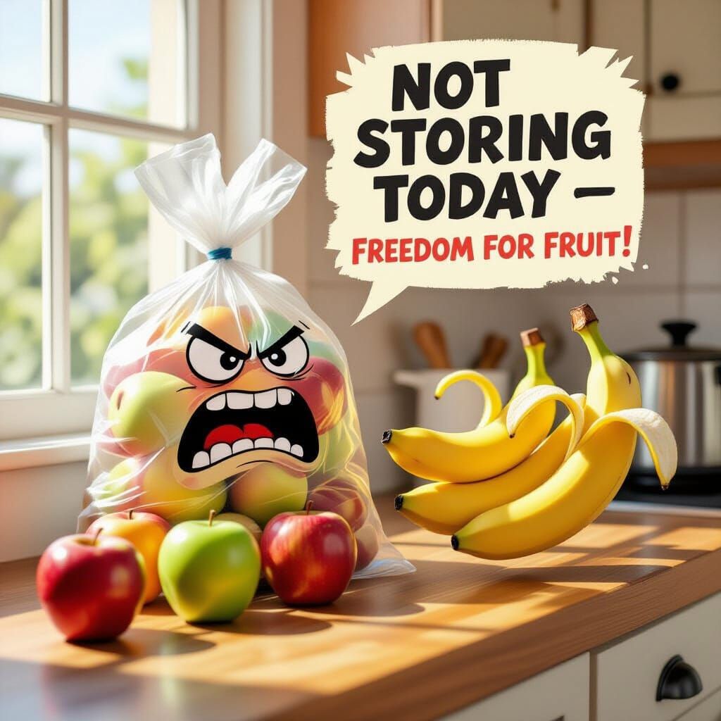 Angry Plastic Bag and Escaping Fruit in Kitchen