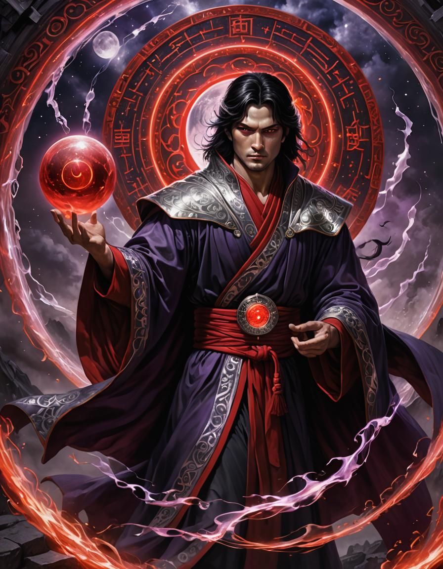 Floating Mage with Red Moon and Portal