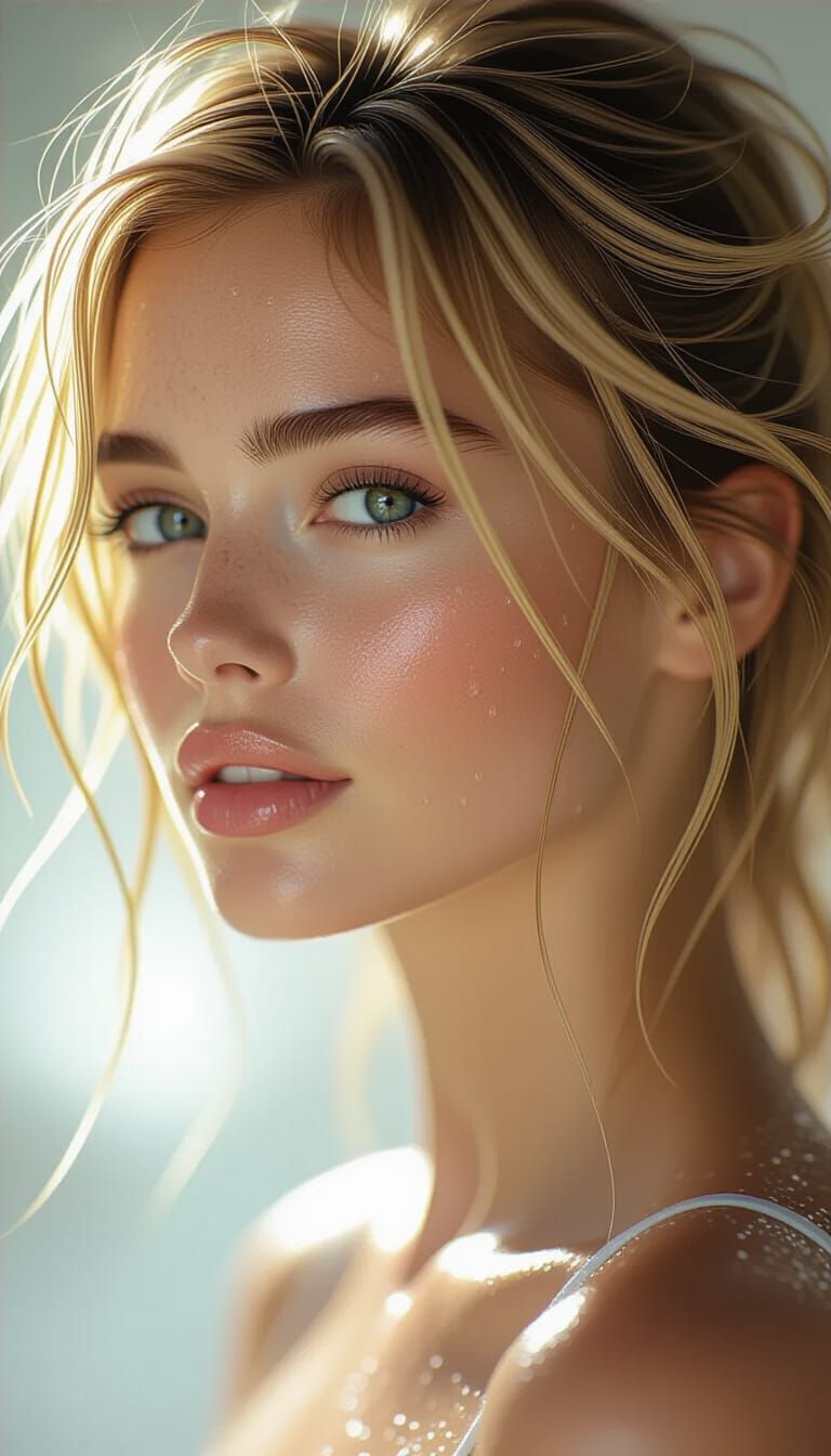 Photorealistic Portrait of a Woman with Wet Hair