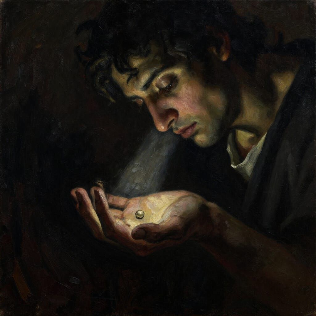 Chiaroscuro Oil Painting: Hand Holding Glowing Seed in Drama...