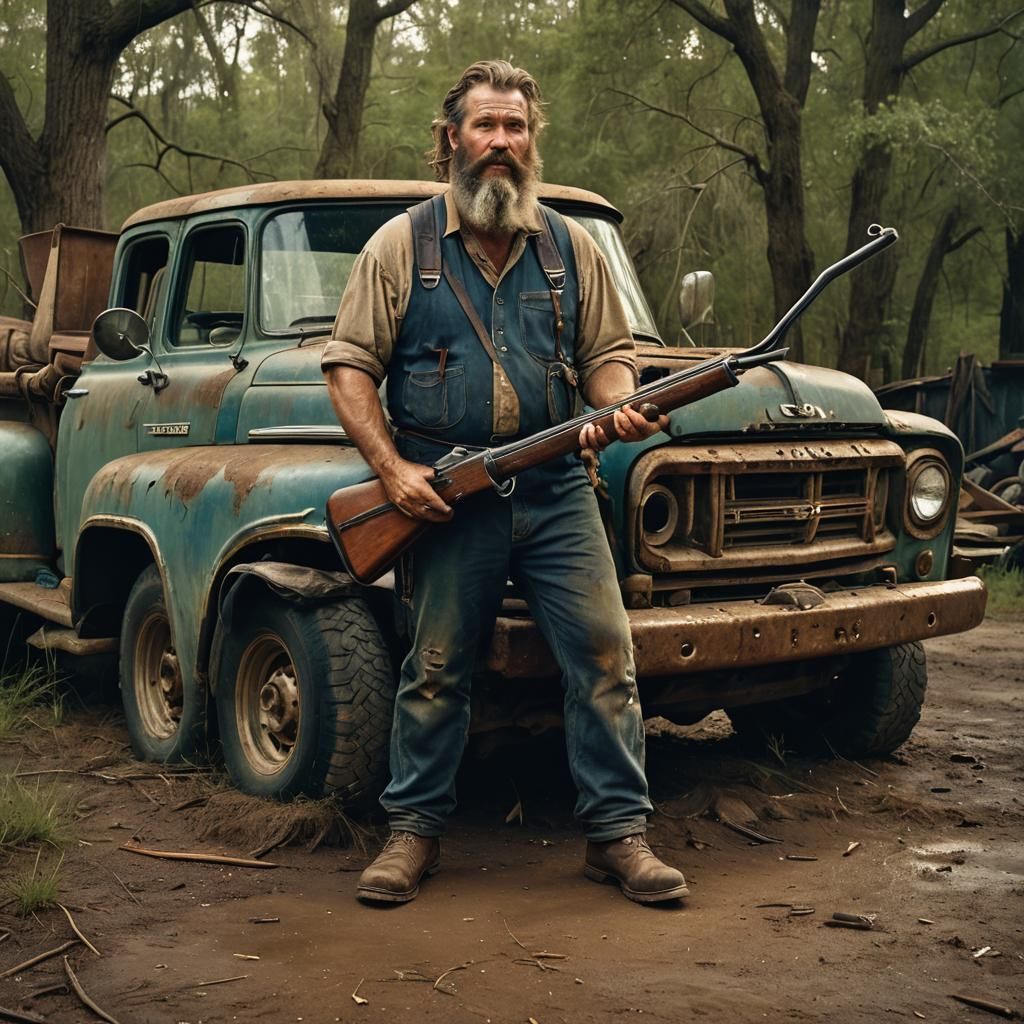 Grizzled Redneck in Front of Pickup Truck