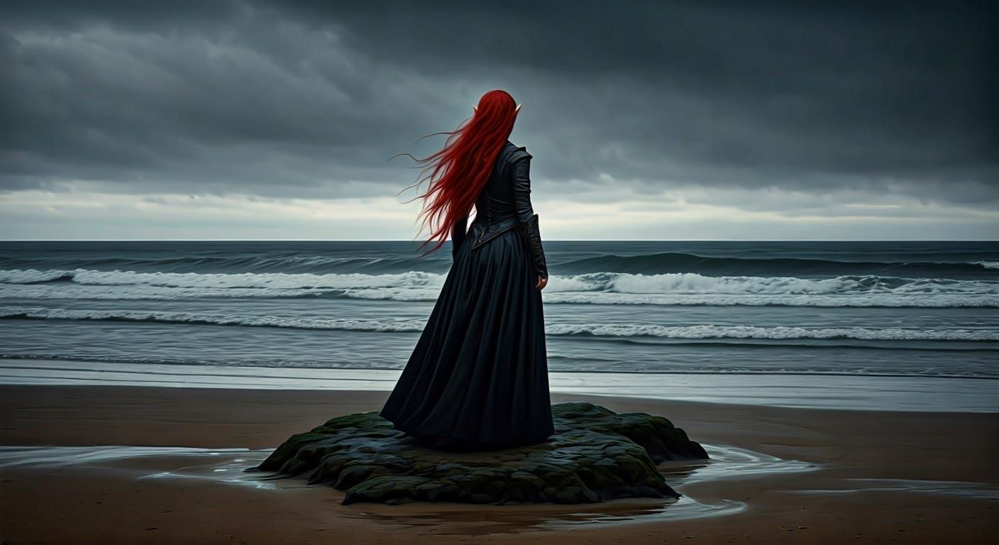 Mystifying Elven Woman Stands Resolute Amidst Turbulent Surf