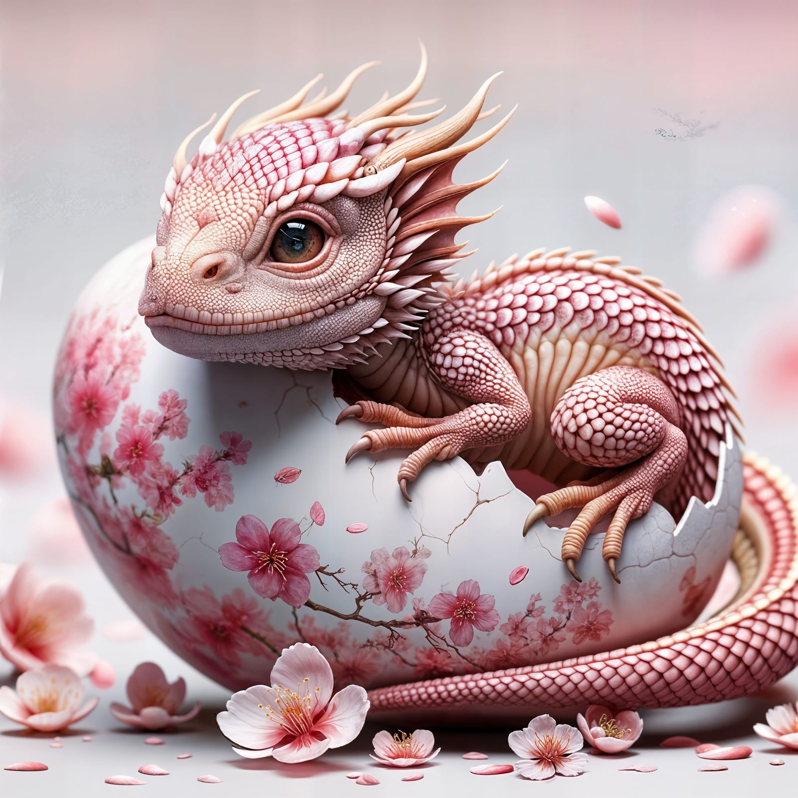 Cherry Blossom Dragon Hatchling: Hyperrealistic Digital Art