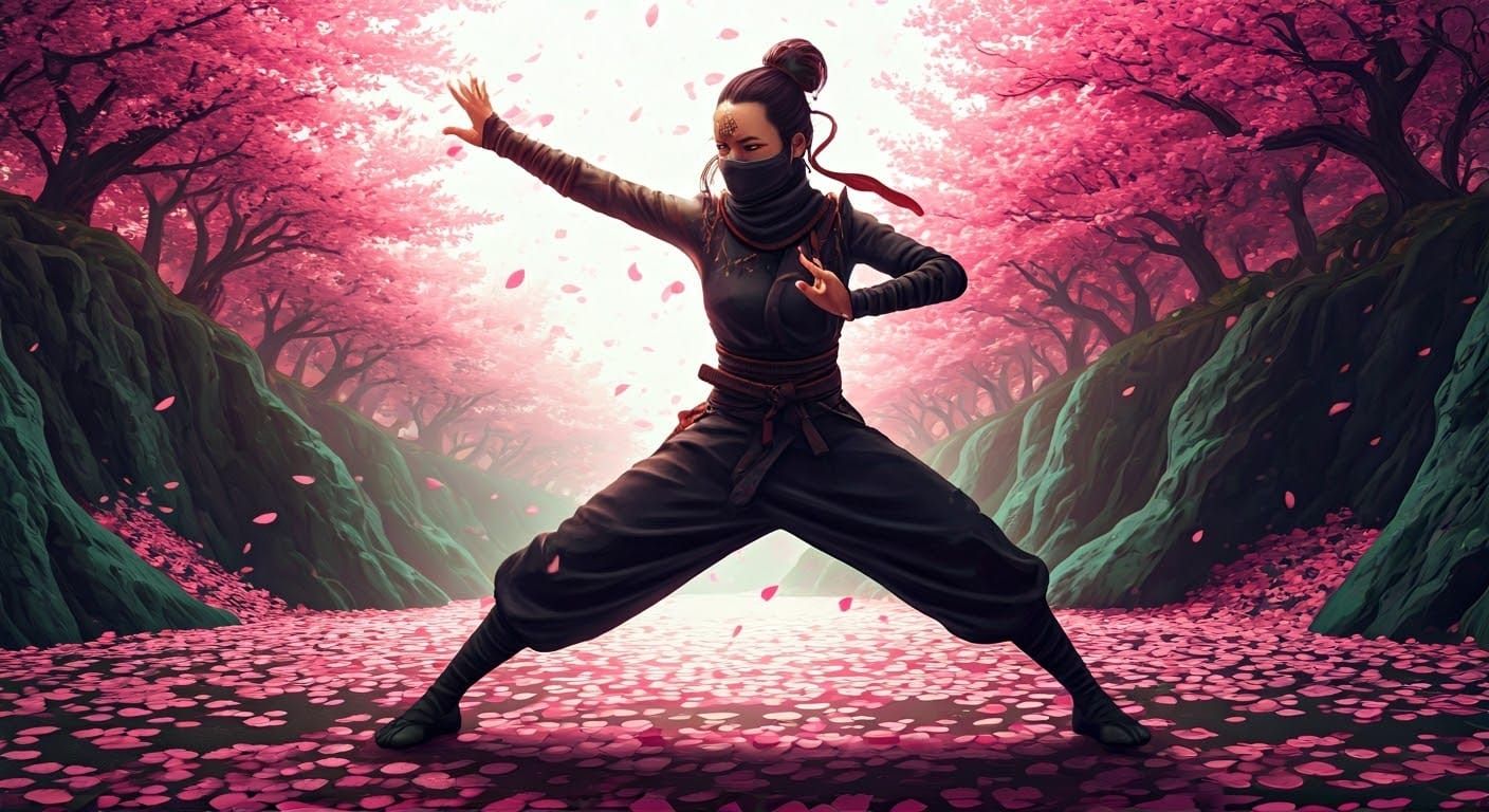 Ninja in Cherry Blossom Landscape: Matte Painting