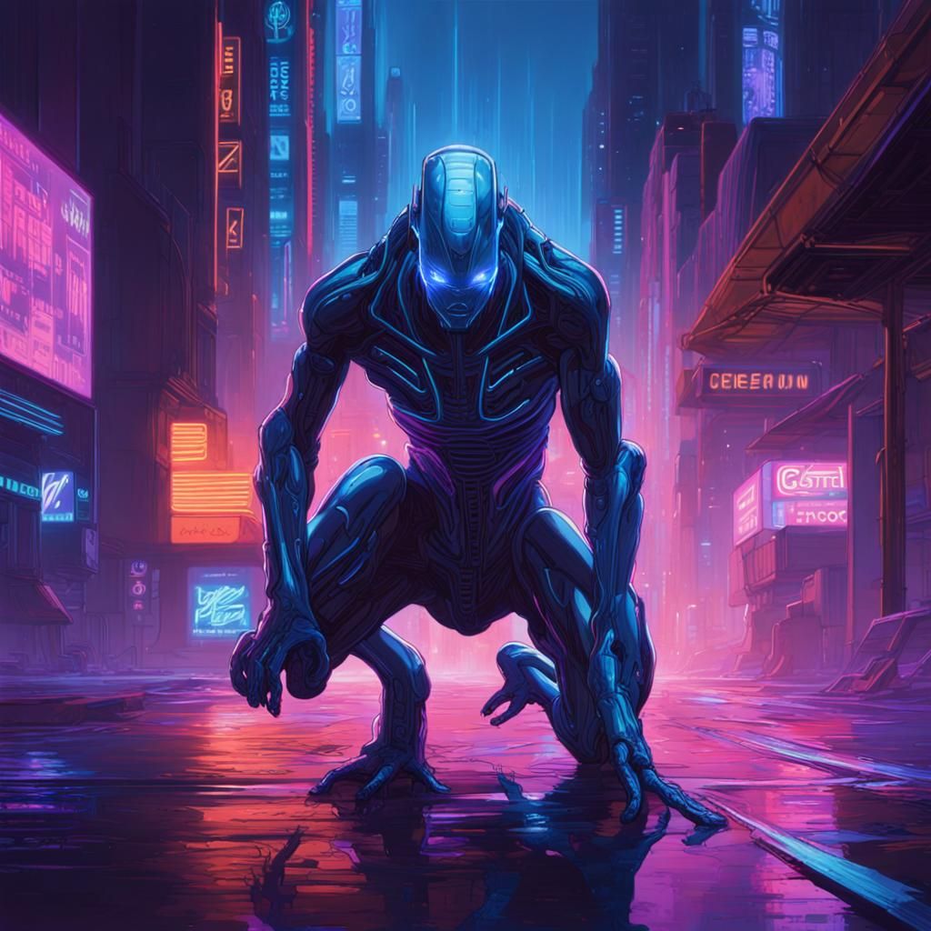 Cyberpunk Creature Emerges in Dystopian Cityscape