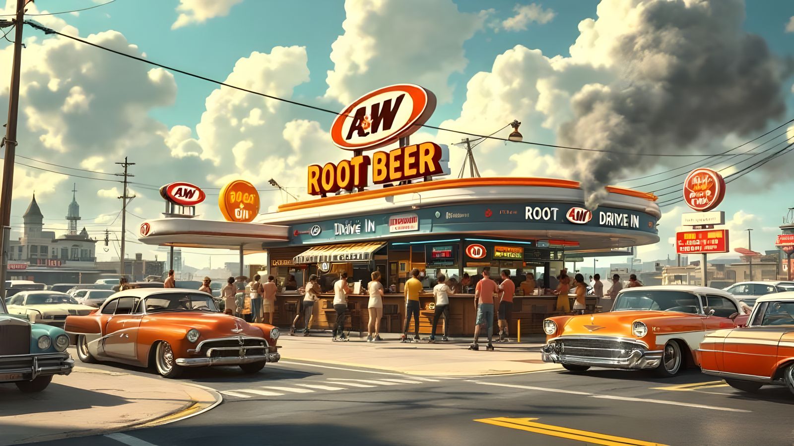 Nostalgic A&W Drive-In with Hot Rods in 3D