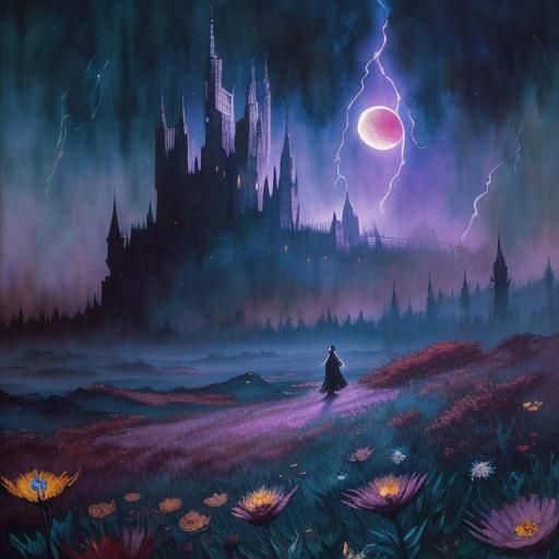 Mythological Landscape with Dark Eclipse in Watercolor Style