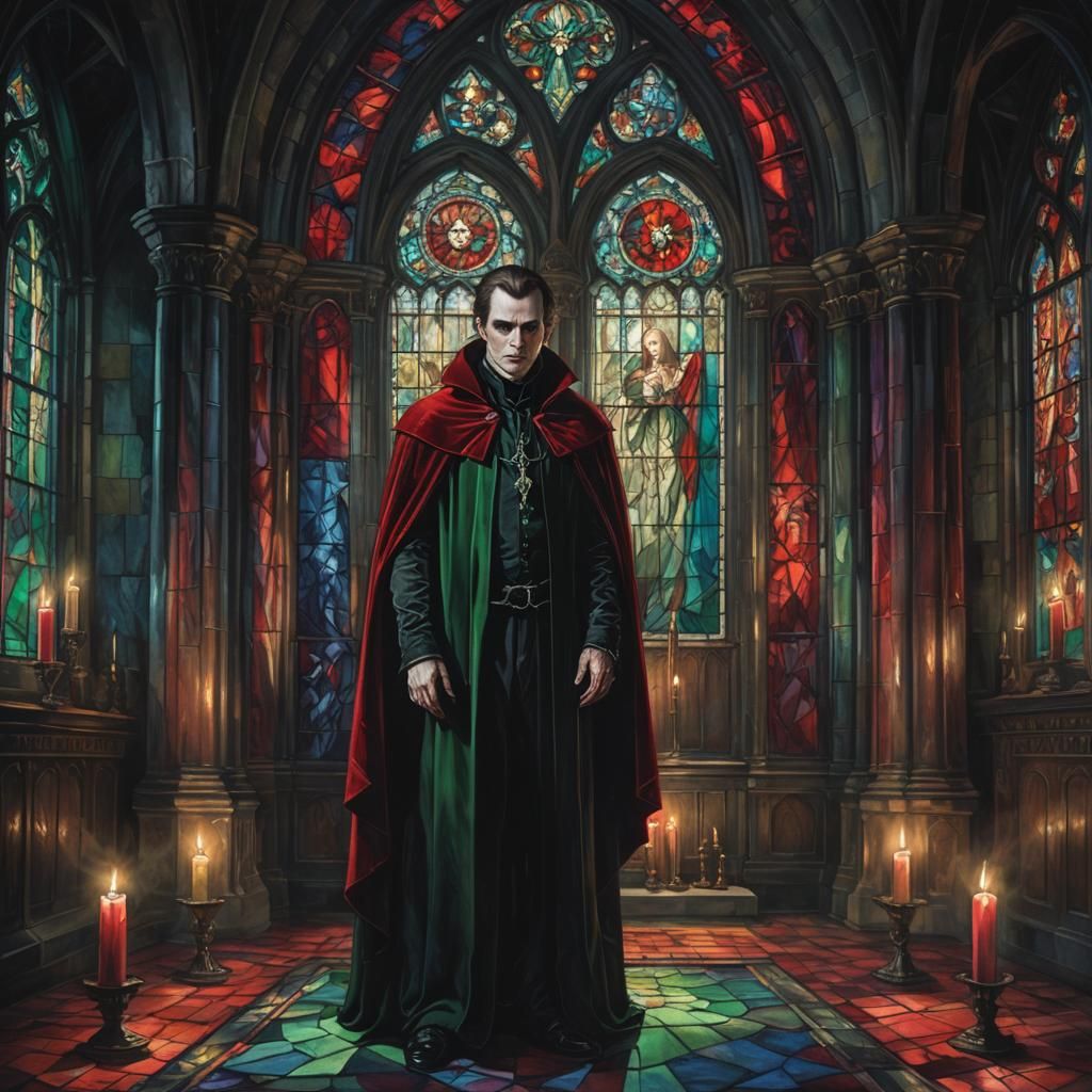 Vampire's Oath in Gothic Chapel, Mystical Oil Painting