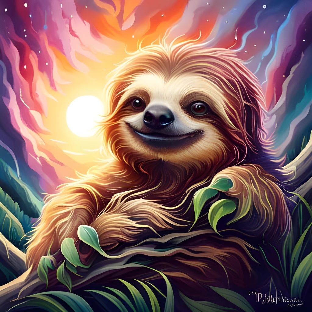 Happy Sloth Puppy Fantasy Illustration in Vivid Color