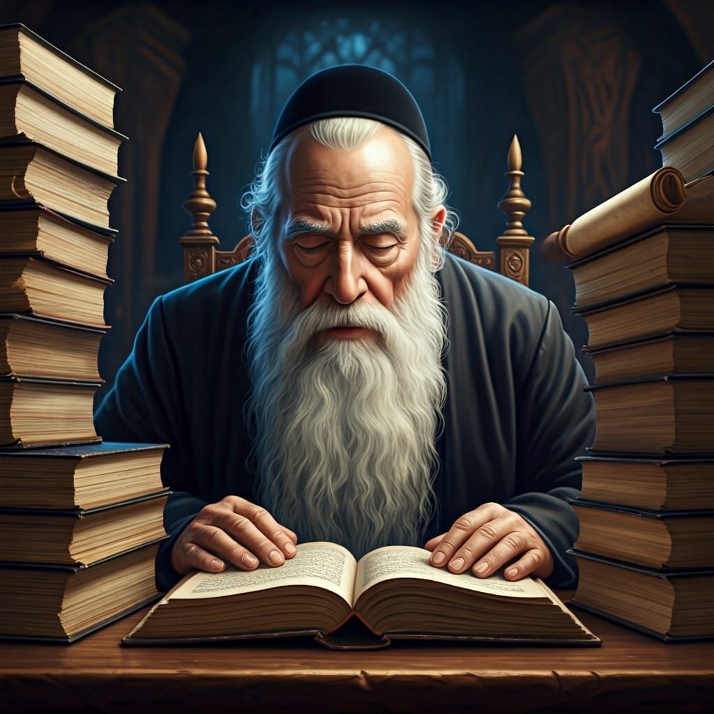 Rabbi Reading in Dimly Lit Study
