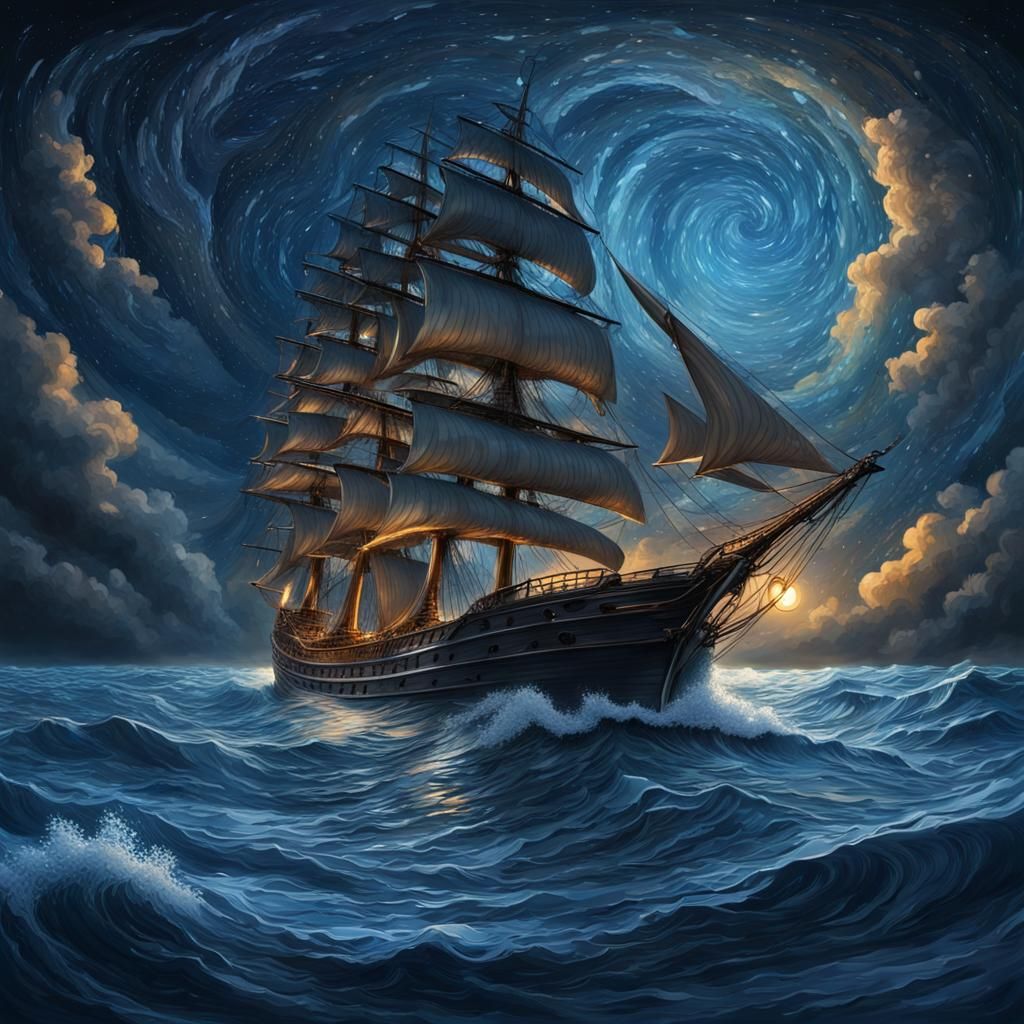 Sailing Ship on Swirling Sea: Hyperrealistic Splash Art
