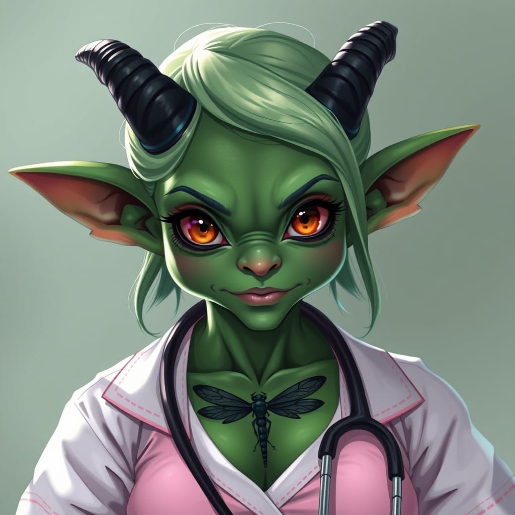 Gorgeous Green Goblin Nurse in Anime Style