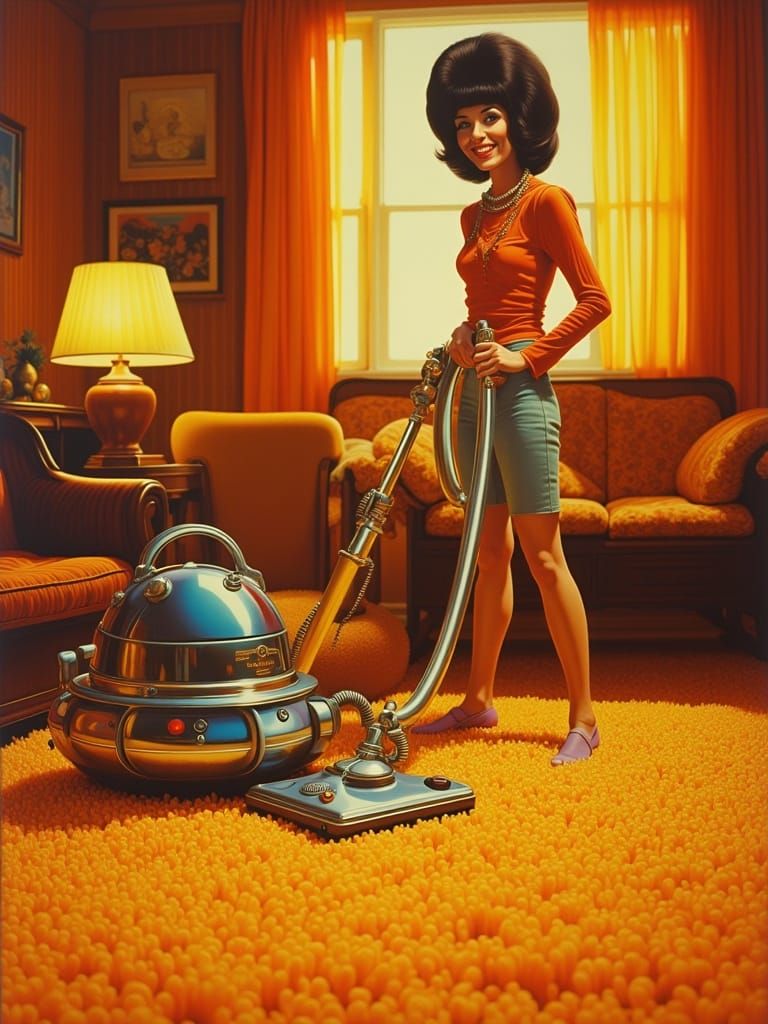 1970s Vacuum Cleaner Ad with Woman and Retro Living Room