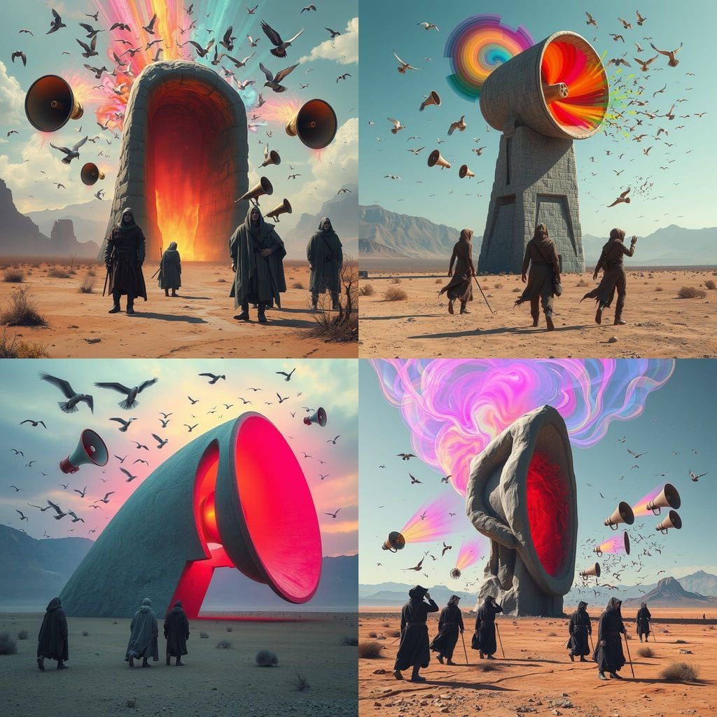 Colossal Stone Ear in Wasteland with Floating Megaphones