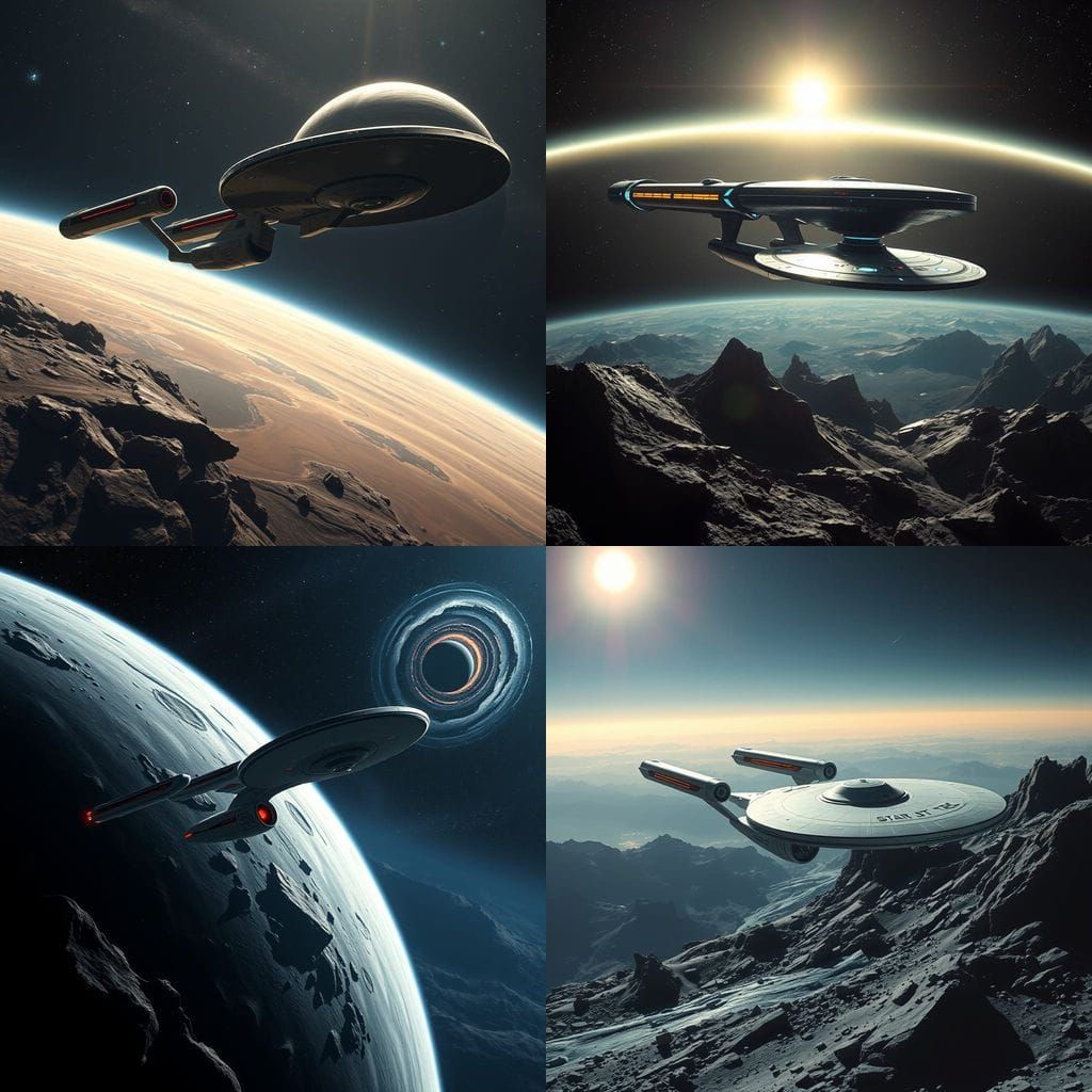Star Trek USS Enterprise Silhouetted on a Rocky Planet's Sur...