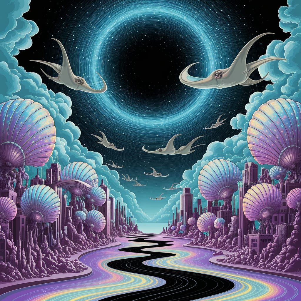 Surreal Seashell Cityscape with Starlight Rivers