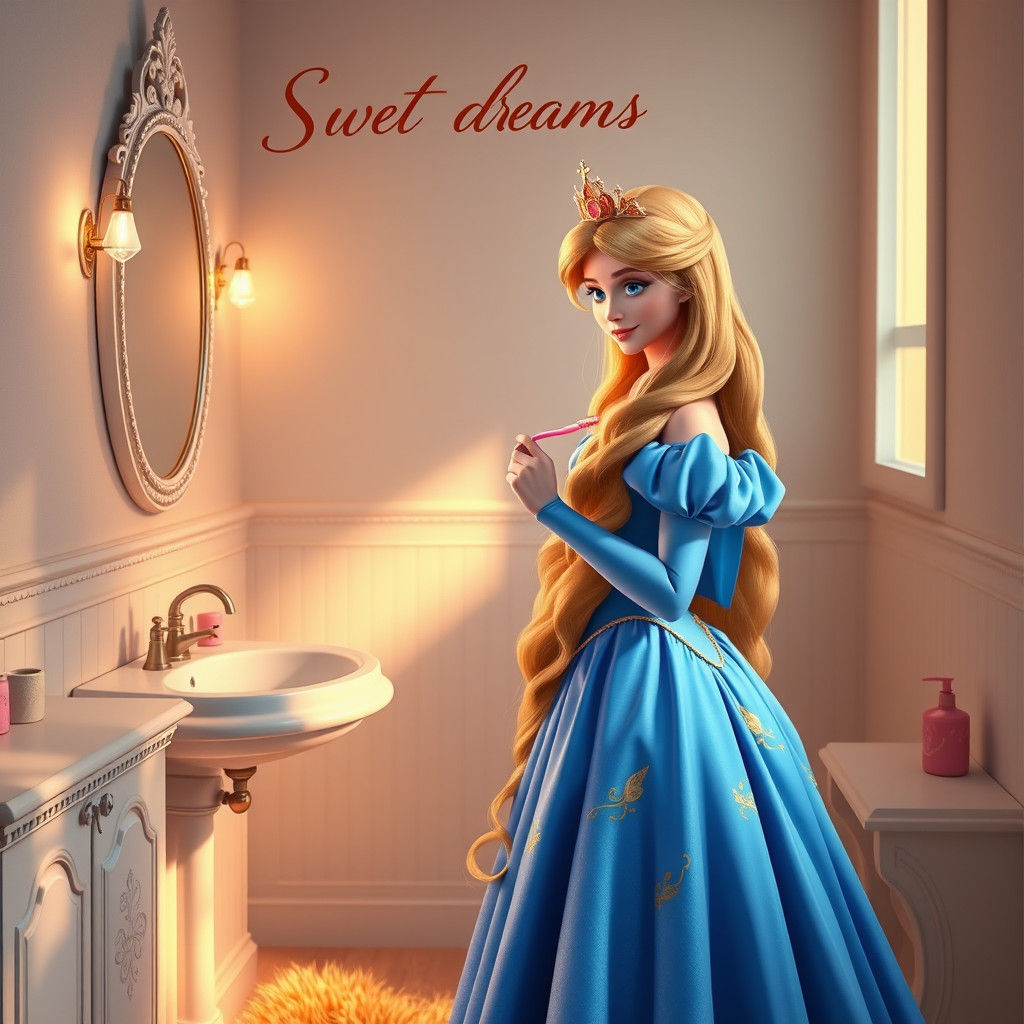 Princess Aurora Brushing Teeth in Dreamy Bathroom