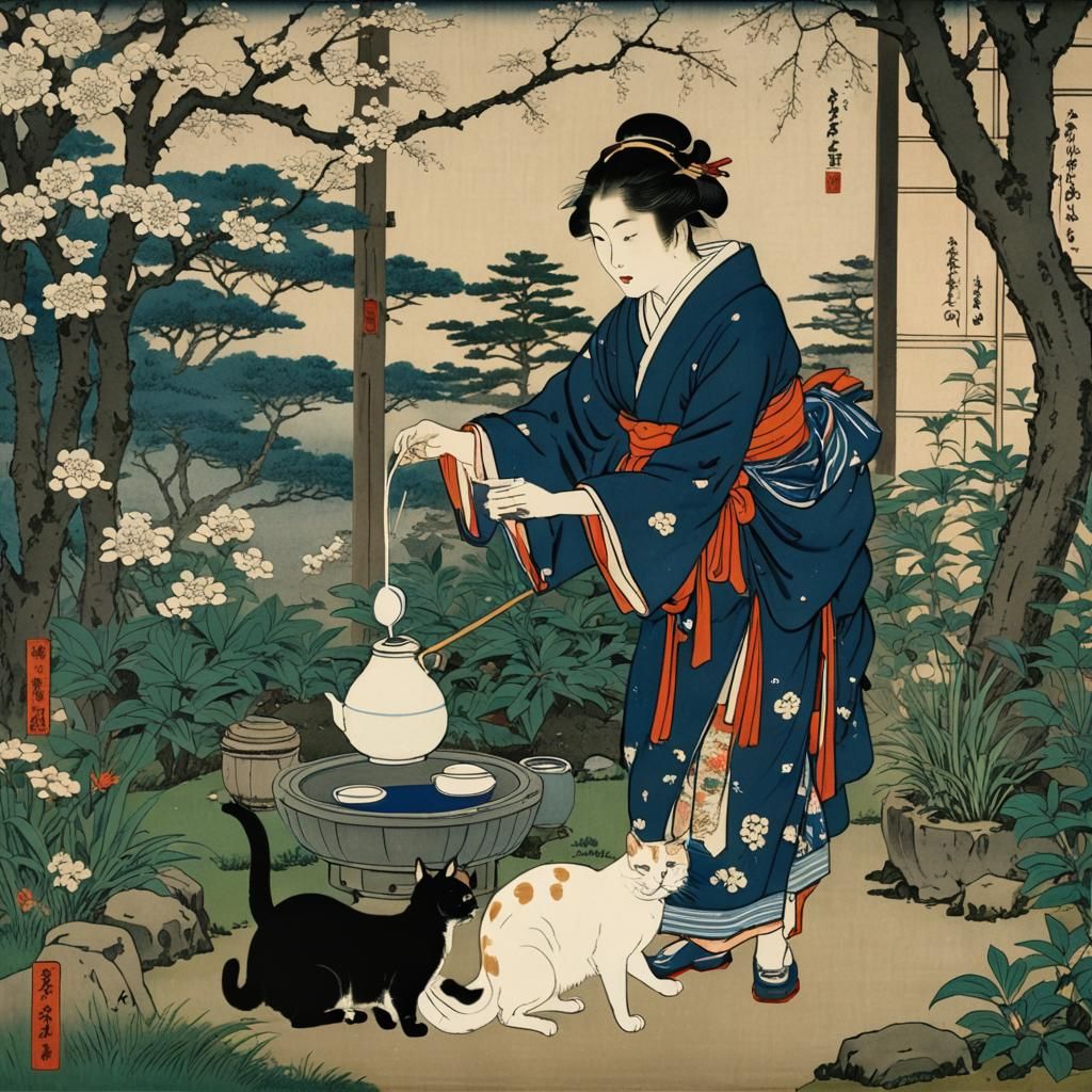 Japanese Lady and Cat in Ukiyo-e Garden