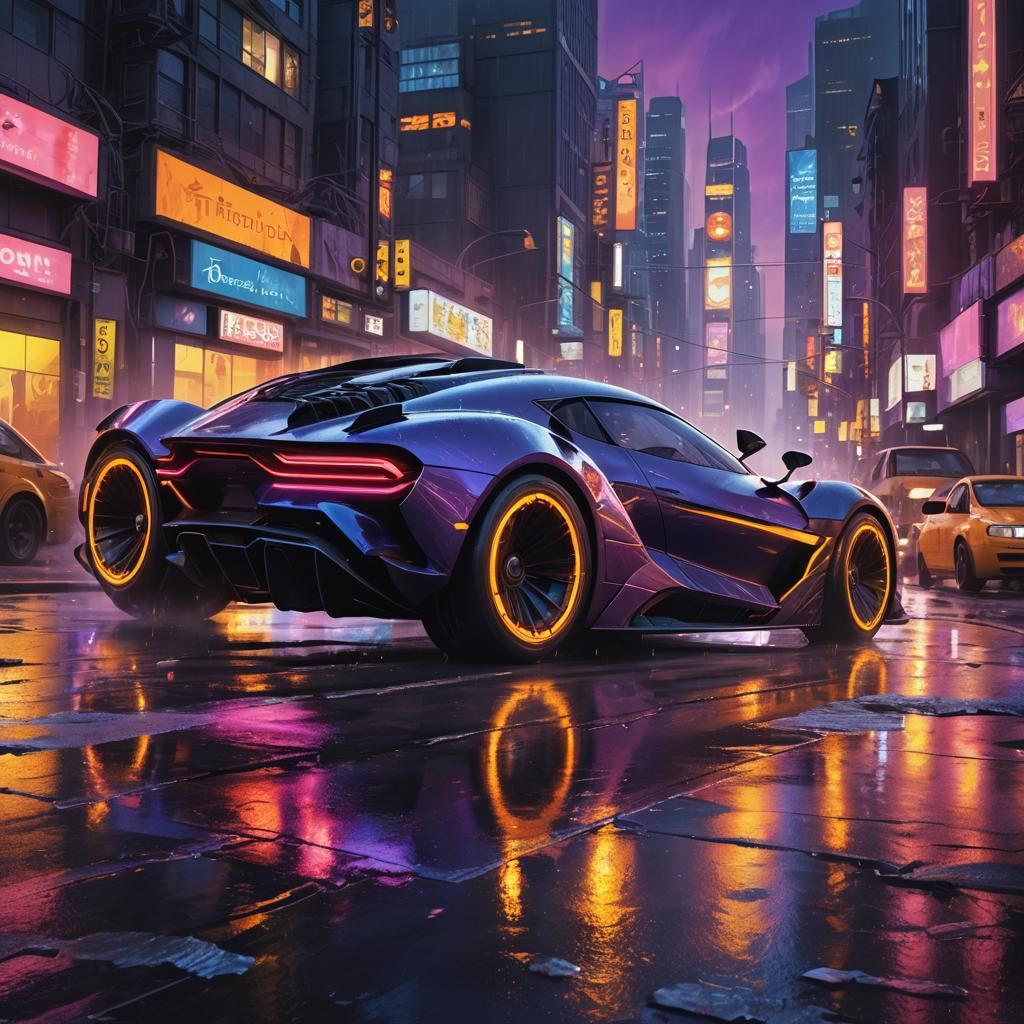 Sleek Car Speeds Through Neon Cyberpunk Cityscape