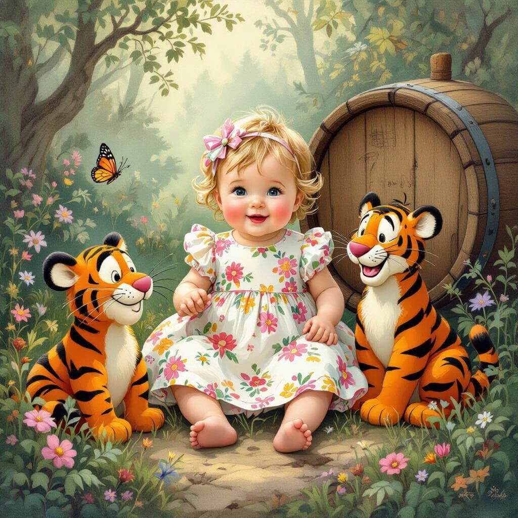 Enchanting Forest Scene with Baby, Tigger and Butterfly