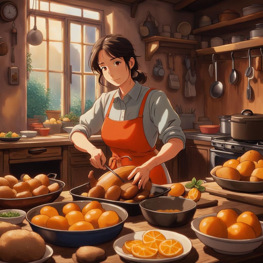 Italian Mom Cooking Duck in Studio Ghibli Style