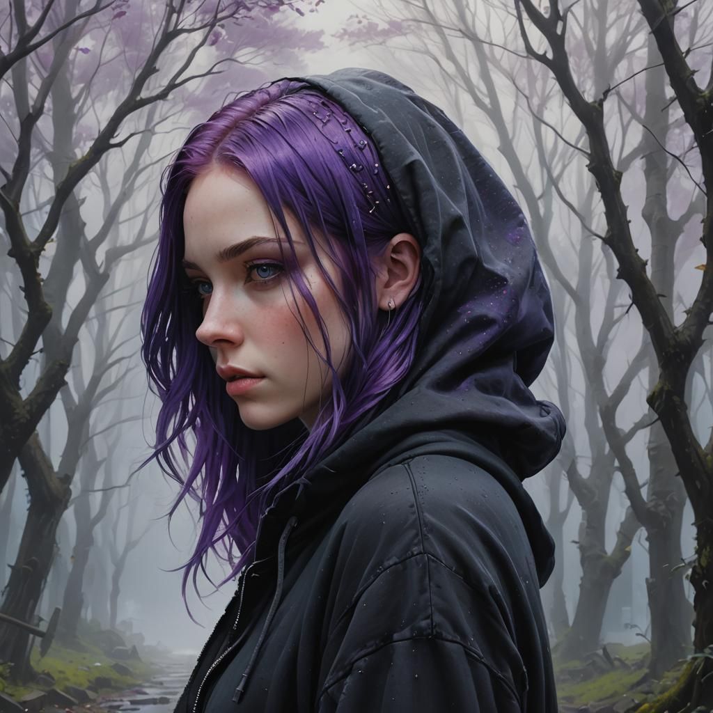 Teenage Girl with Purple Hair, Hyper-Realistic Portrait