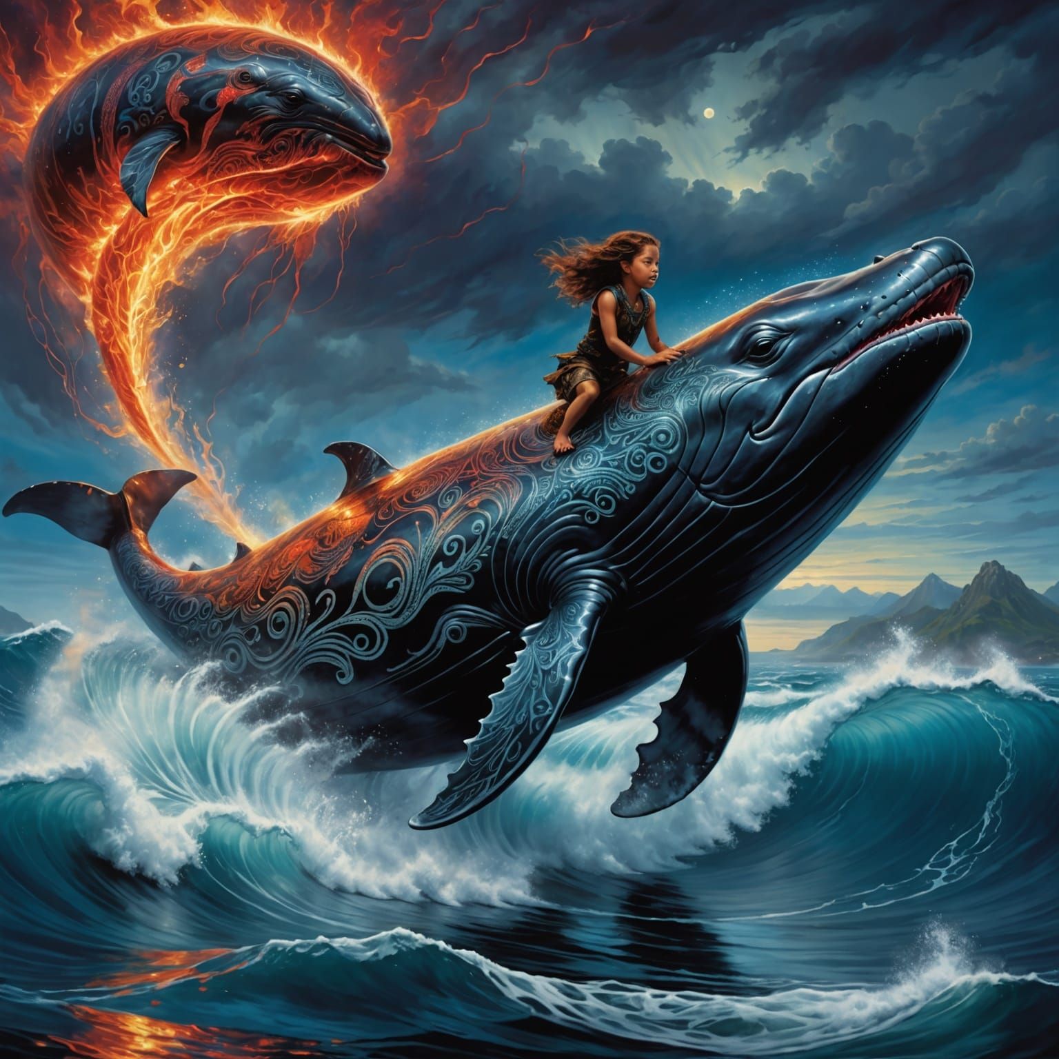 Maori Child Riding a Radiant Right Whale in the Pacific