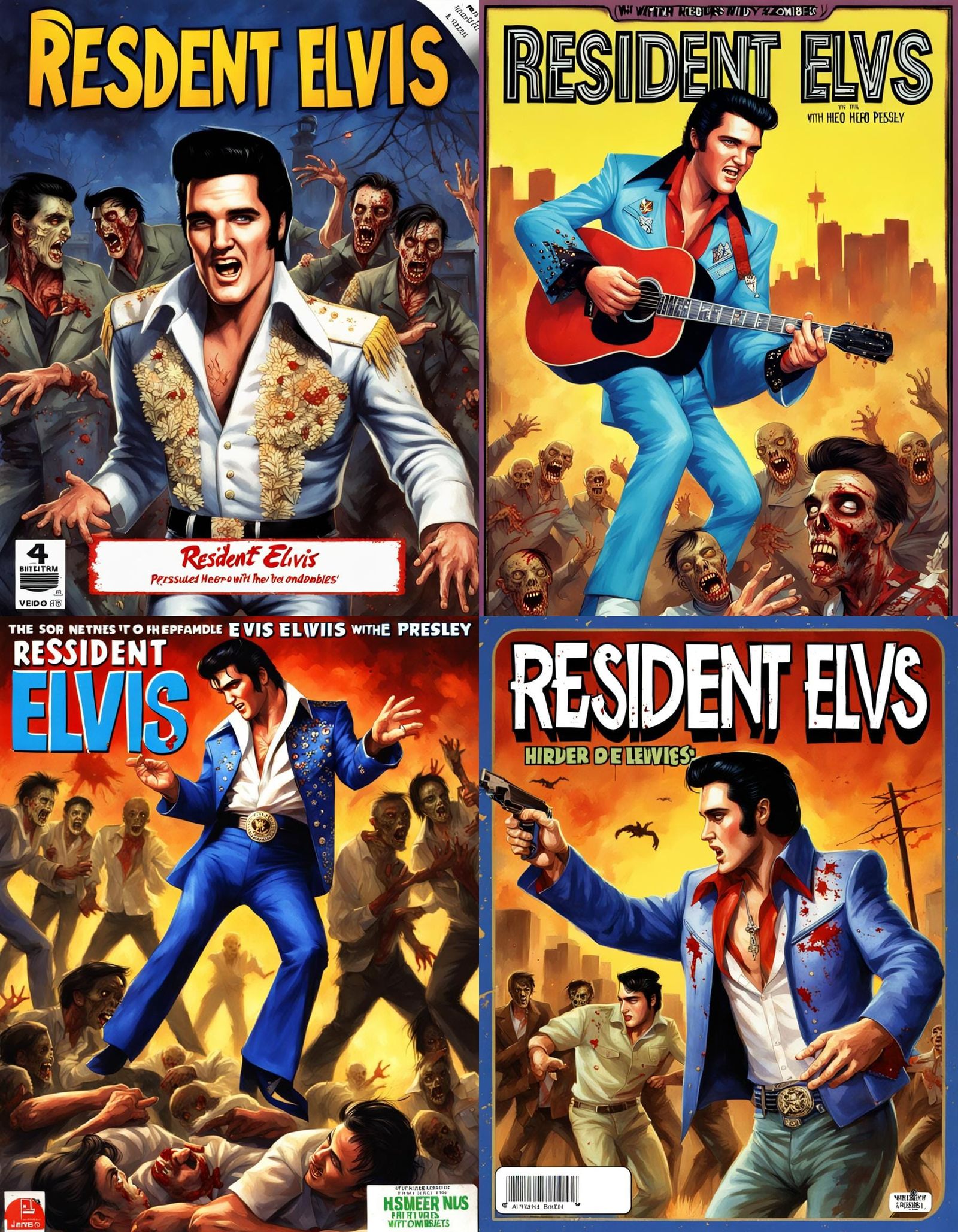 Front cover for a video game called Resident Elvis with Elvi...