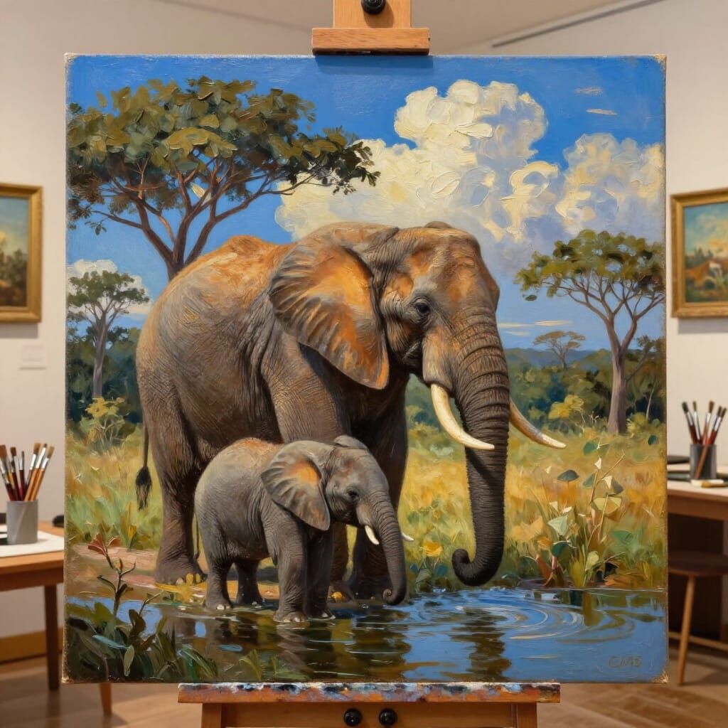 Mama Elephant Guides Baby Through Water