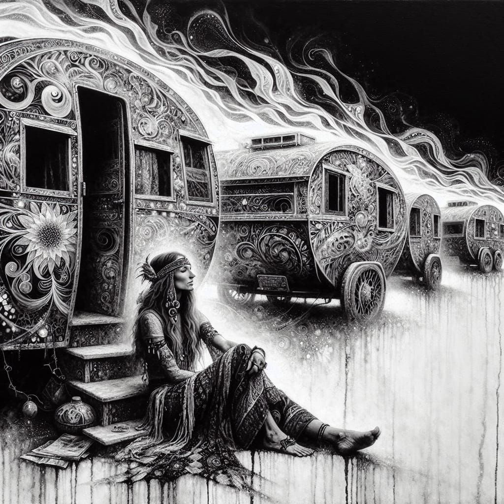 Ethereal Nomadic Scene in Monochrome Oil and Mixed Media