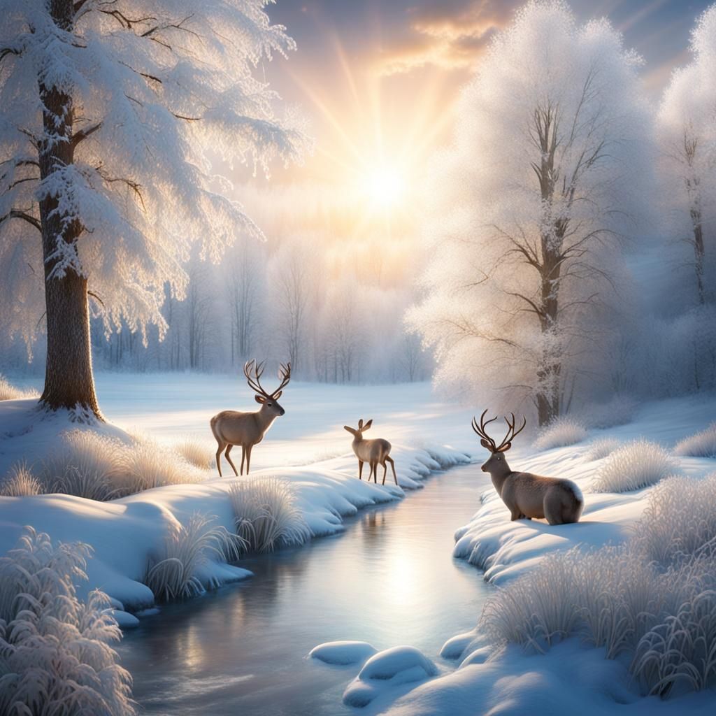 Sunlit Icy Glade with Reindeer and Rabbit