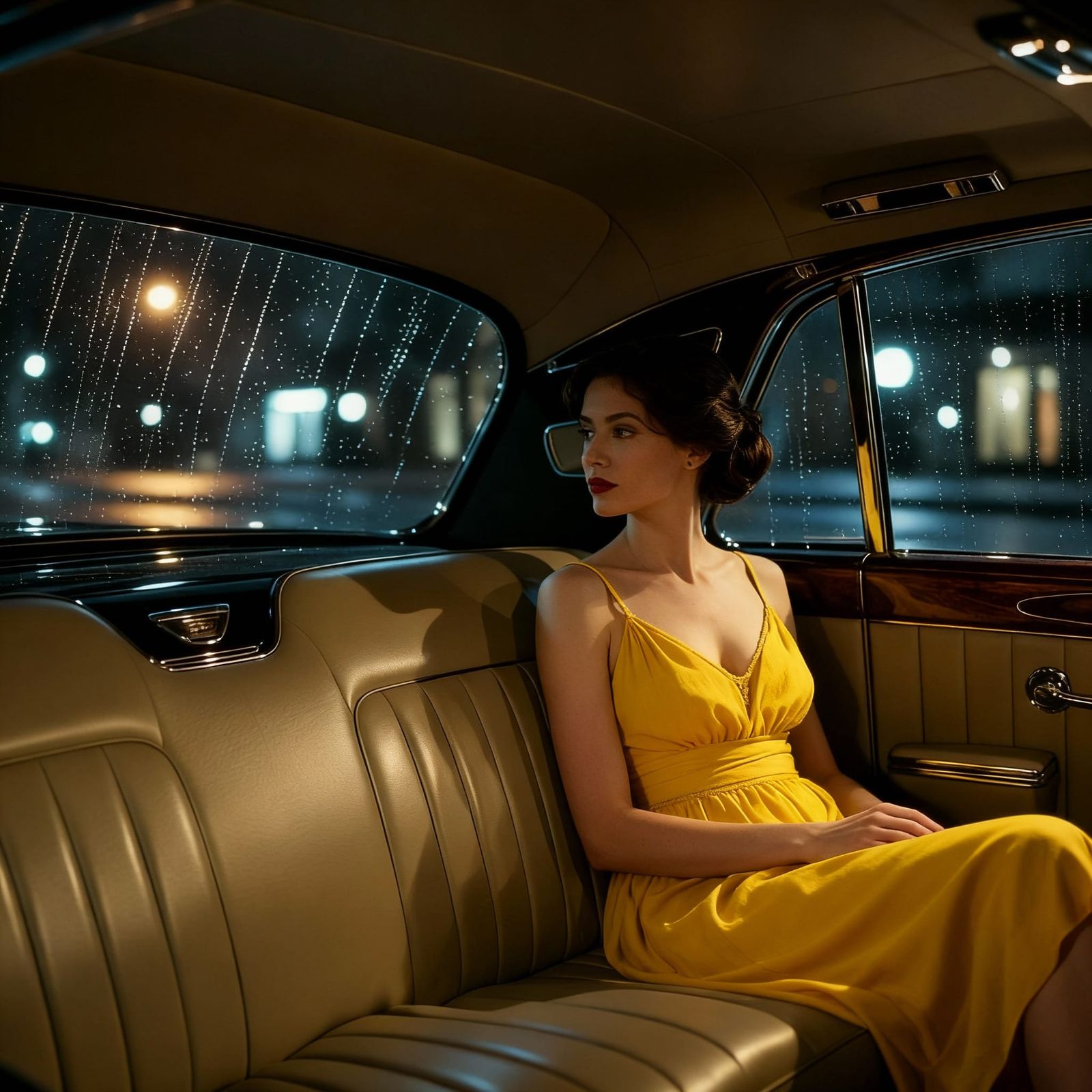 Art Deco Woman Poses in Vintage Car Interior