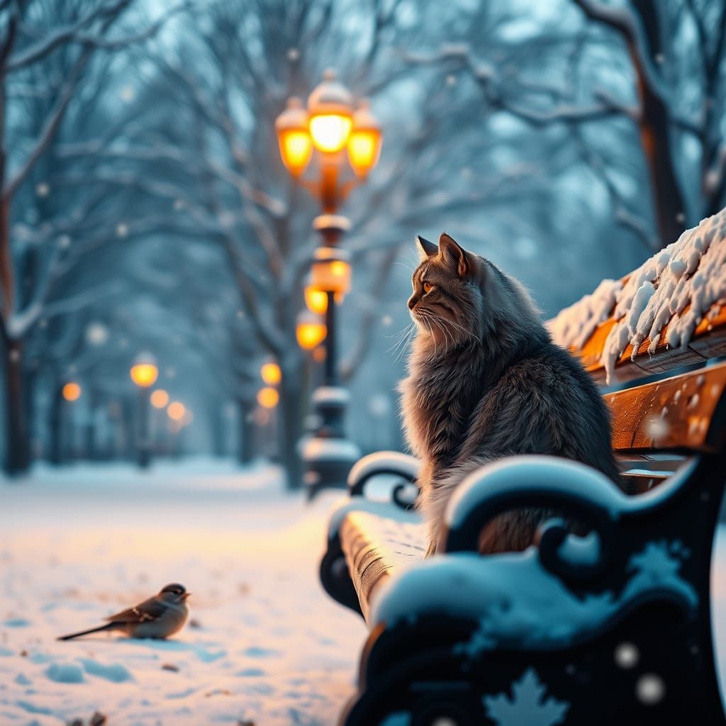 Hyperrealistic Winter Park Scene with Cat and Sparrow