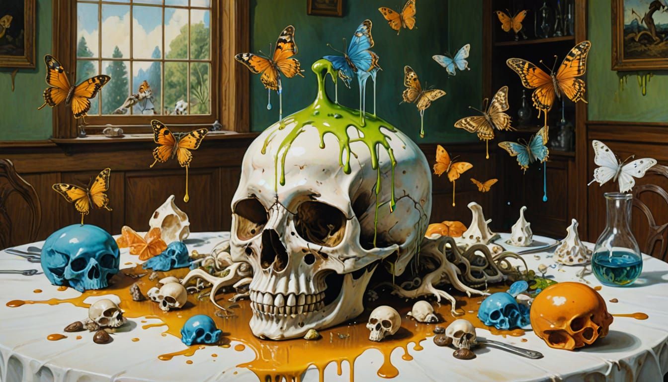 Melting Skull Still Life with Butterflies and Mushrooms