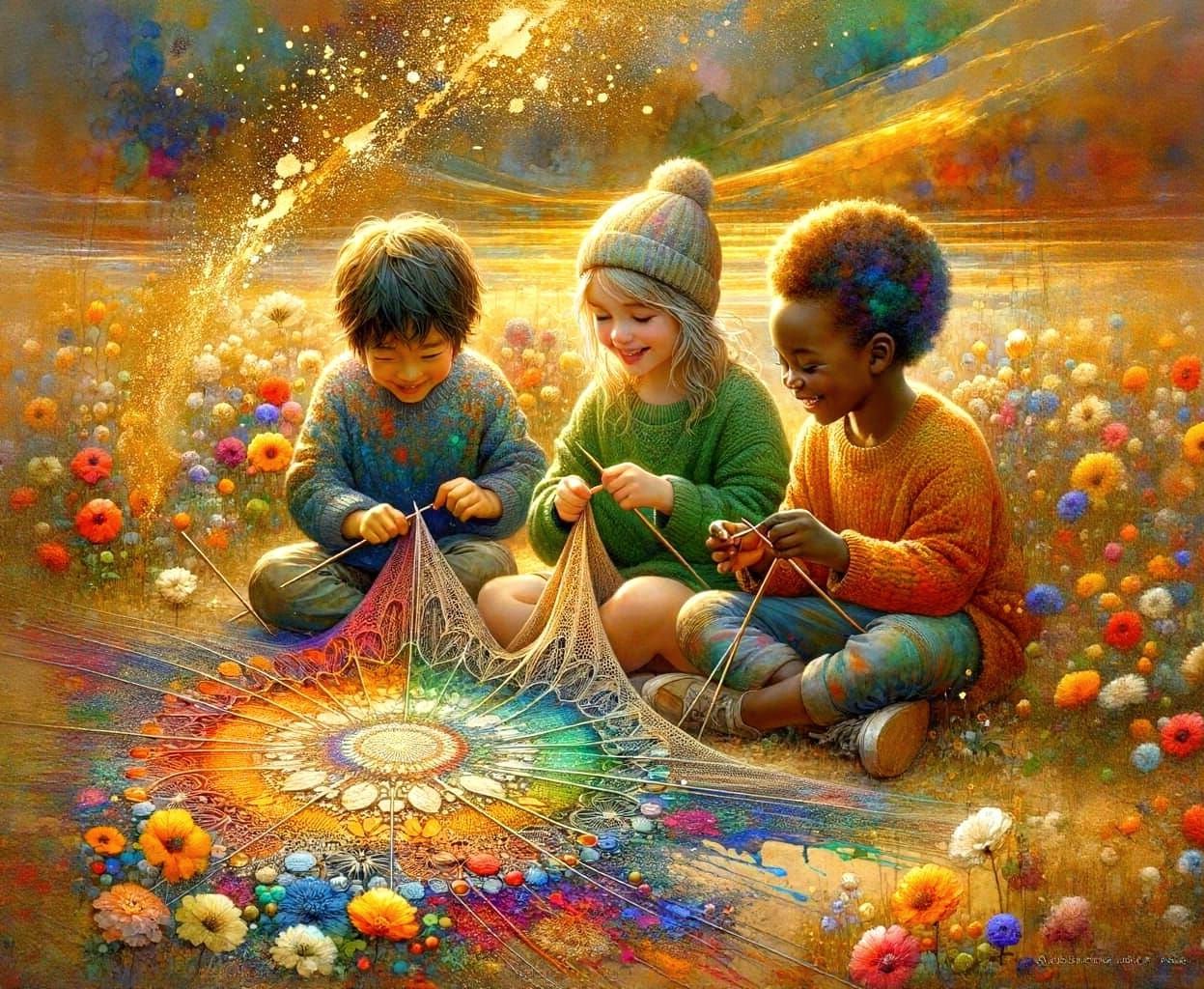 Children Knitting Together in a Sunlit Watercolour Landscape