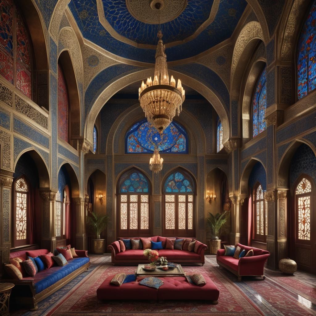 "Design a luxurious reception room inspired by the Mamluk ar...