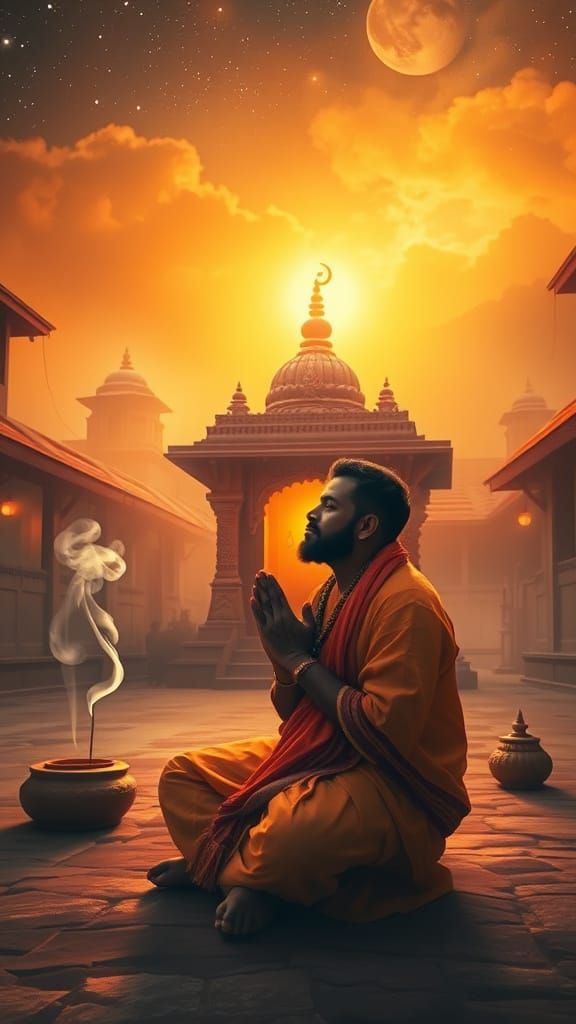 Devotee Praying in Golden Light: Traditional Indian Art