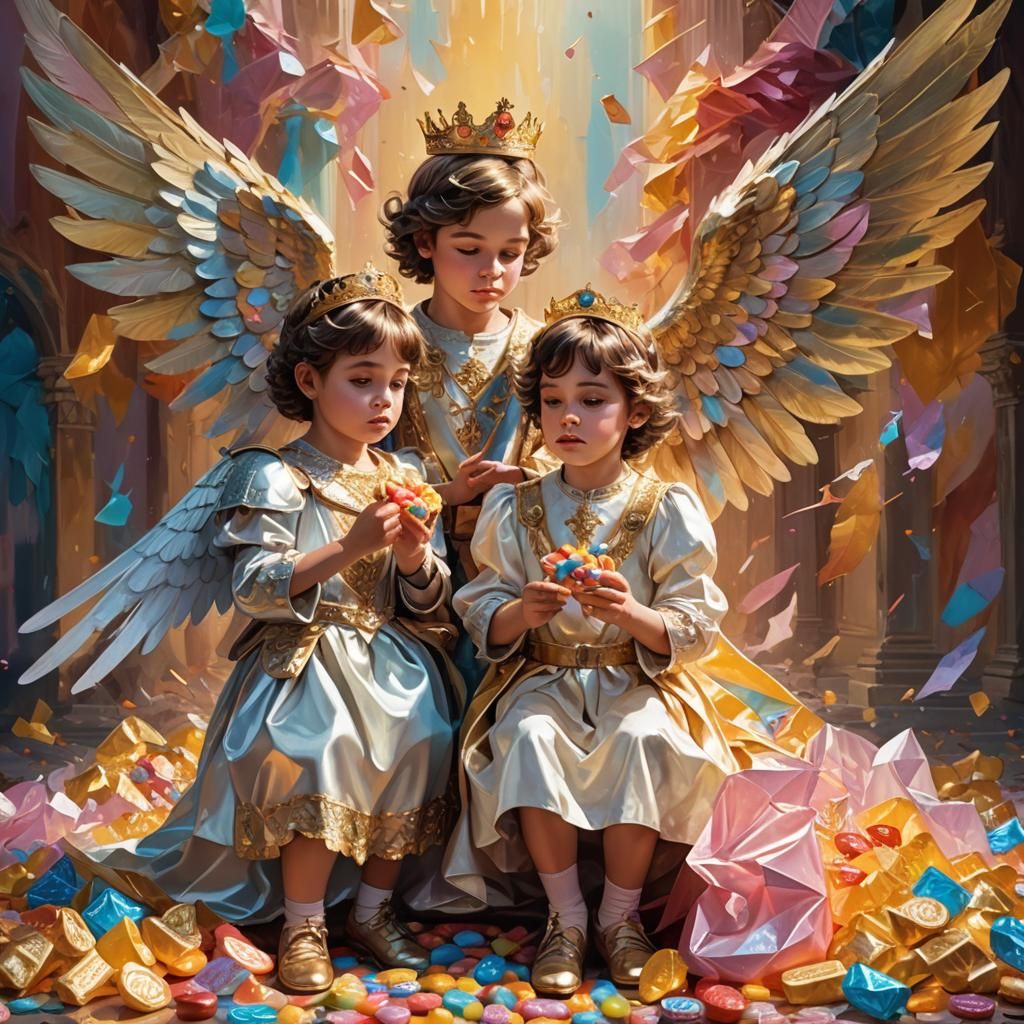 Fantasy Prince and Princess with Angel, Oil Painting